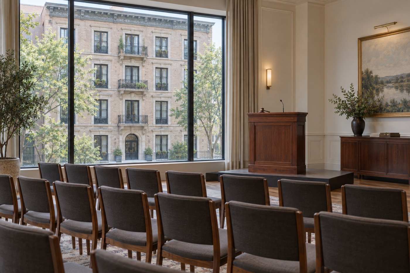 Empty auction room with a view of an apartment building across the street
